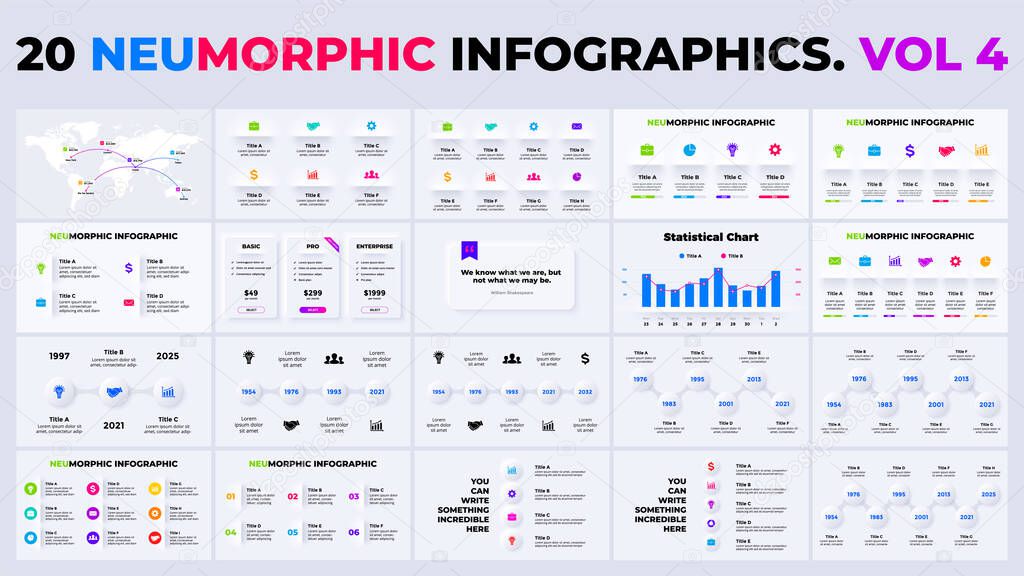 Neumorphic infographics. Vector business timeline info graphic. Presentation graph, diagram template. 3, 4, 5, 6, 7, 8 steps.