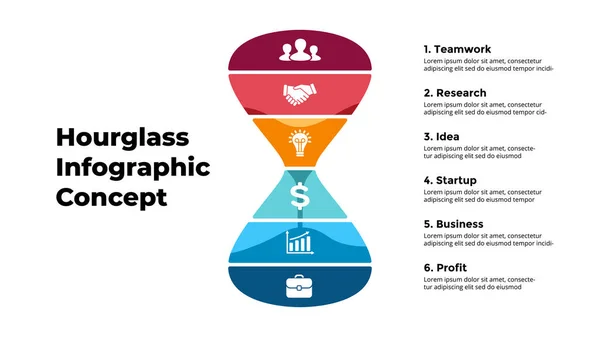 Vector zandloper zandglasInfographic. Presentatie dia sjabloon. Tijdconcept met 6 stappen te volgen. — Stockvector