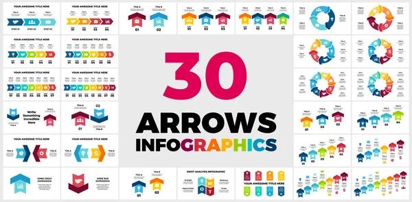 30 Flechas Vector Infografías. Vol. 1. Plantillas de diapositivas de presentación. Diagramas de diagramas circulares. 3, 4, 5, 6, 7, 8 pasos, opciones, piezas. Arriba. Éxito empresarial. — Archivo Imágenes Vectoriales