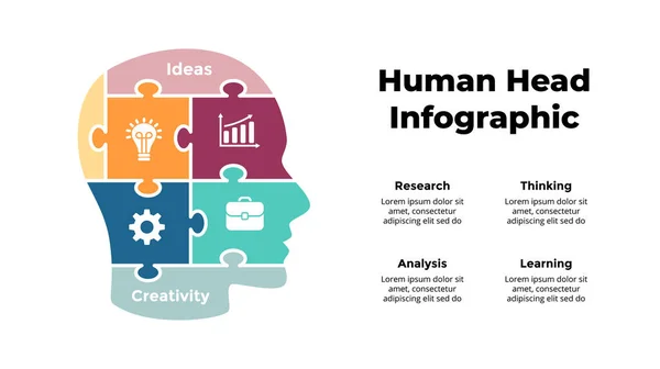 Infográfico de cabeça humana. Gerar novas ideias. Conceito educacional. Modelo de slide vetorial. Ilustração criativa. — Vetor de Stock