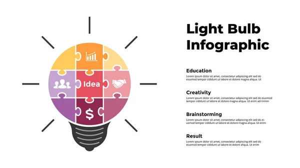 Puzzel gloeilamp Infographic. Het genereren van nieuwe ideeën concept. Vector dia sjabloon. Creatief brainstormdiagram. — Stockvector