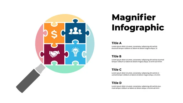 Puzzelvergrootglas. Wetenschappelijk onderzoek Infographic. Analyse zoom tool. Info grafische data visualisatie. Vector illustratie dia template. — Stockvector