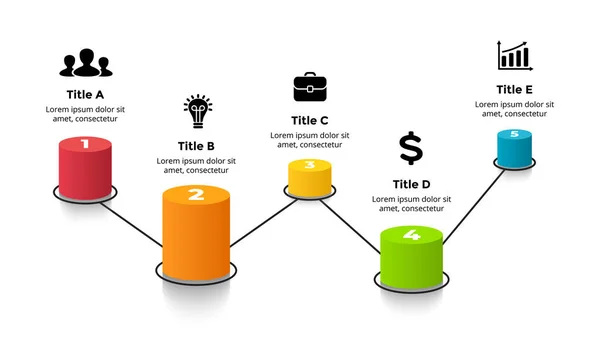 Hoja de ruta 3D. Infografía de la perspectiva vectorial. Plantilla de presentación. 5 opciones de paso. Concepto de gráfico porcentual. Diseño gráfico de información creativa colorida. — Vector de stock