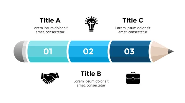 Potlood 3D infographic. Educatief concept. 3 stappen telpatroon. Vector dia sjabloon. Creatieve kleurrijke illustratie. — Stockvector