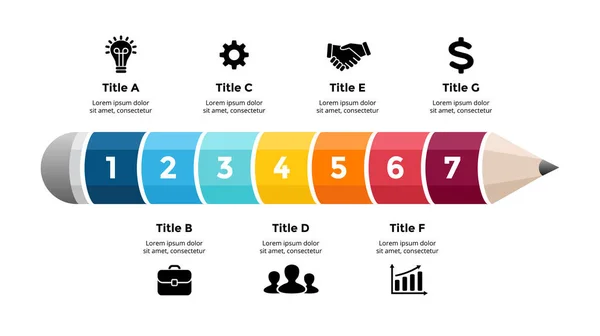 Potlood infographic. Educatief 3D concept. Zeven opties diagram. Vector dia sjabloon. Creatieve kleurrijke illustratie. — Stockvector