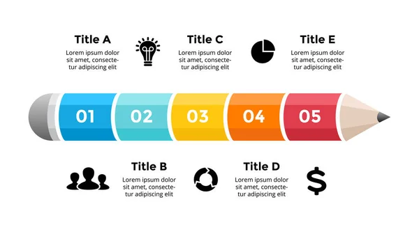 Infographie au crayon. Concept éducatif 3D. Diagramme à 5 options. Modèle de diapositive vectorielle. Illustration colorée créative. — Image vectorielle