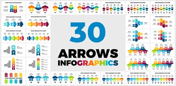 Infographie vectorielle à 30 flèches. Modèles de diapositives. Diagrammes circulaires et calendriers. Parfait pour le marketing ou le projet d'entreprise. — Image vectorielle