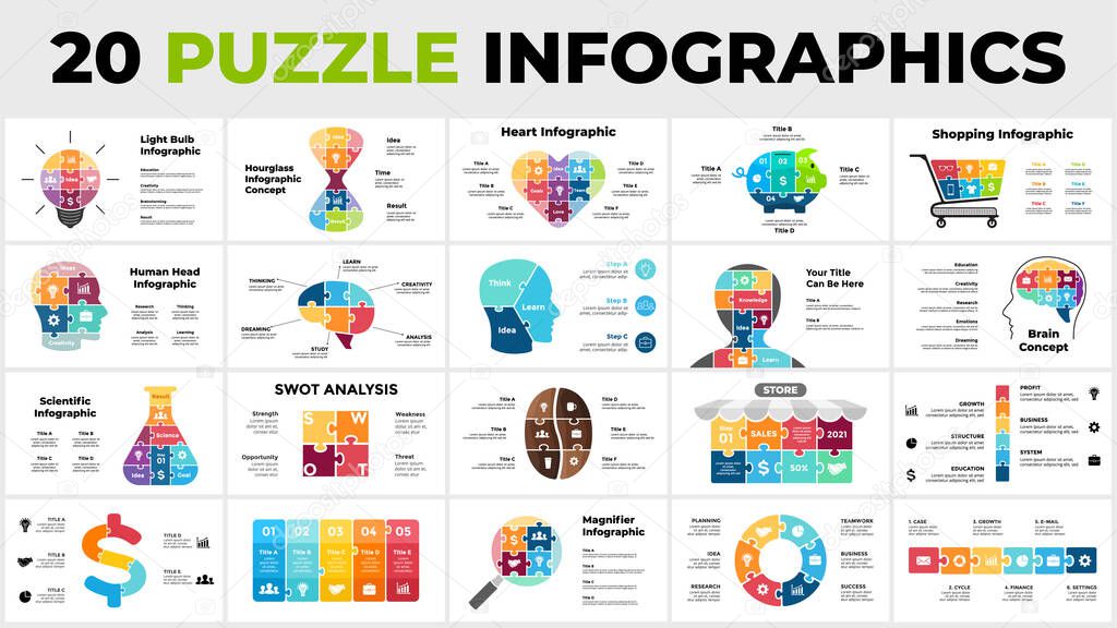 20 puzzle infographics pack. Perfect for education, science or medicine, business and finance. Includes light bulb, dollar, heart, hourglass, head, brain illustrations. Vector slide templates. 