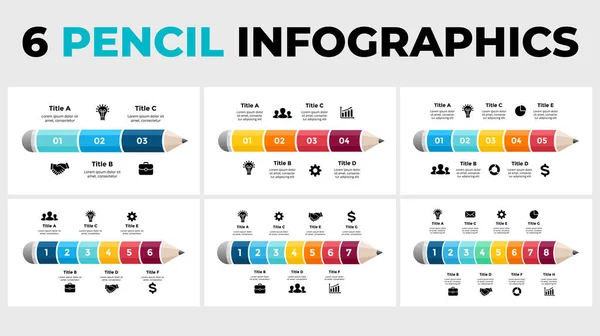 Pacote de infográficos de gráfico de lápis. Conceito educacional 3D. 3, 4, 5, 6, 7, 8 passos, opções, diagrama de peças. Layout de modelo de slide vetorial. Ilustração colorida criativa. — Vetor de Stock