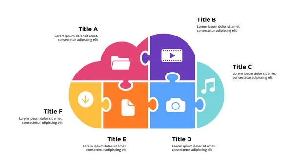 Modèle de diapositive graphique pour votre présentation. Illustration du service Puzzle Cloud. 6 options, étapes. Concept web créatif. Technologie Internet. — Image vectorielle