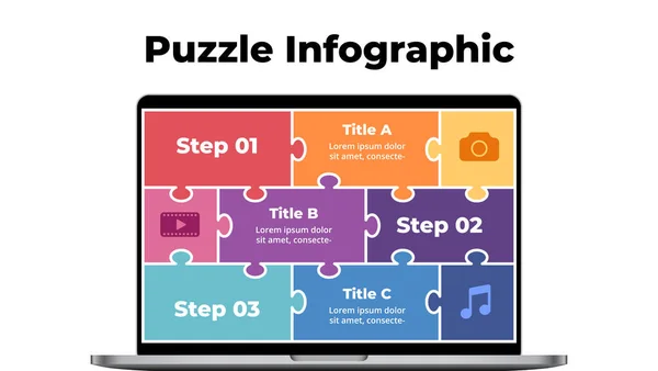 Macbook-Attrappe. Puzzle Laptop Infografik Folienvorlage. Präsentation elektronischer Geräte. Benutzeroberfläche und Erlebnis-Notebook-Bildschirm. — Stockvektor