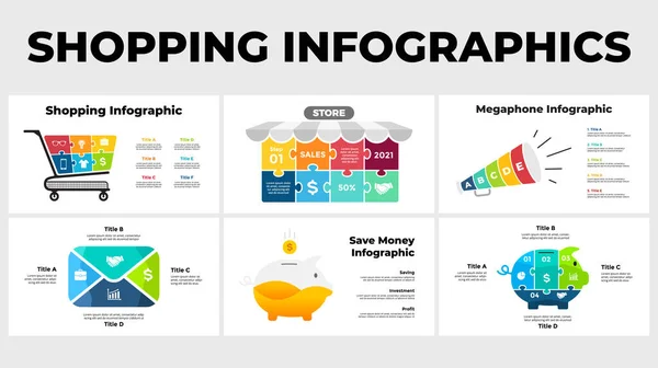 Apresentação infográfica de e-commerce. Carrinho de compras. Loja de puzzle. Conceito de email marketing. Megafone e porquinho. Mercado digital. — Vetor de Stock