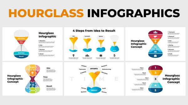 Pacote de infográficos de ampulheta vetorial. Apresentação modelo de slide. Conceito de tempo da educação e da ideia ao sucesso empresarial. — Vetor de Stock