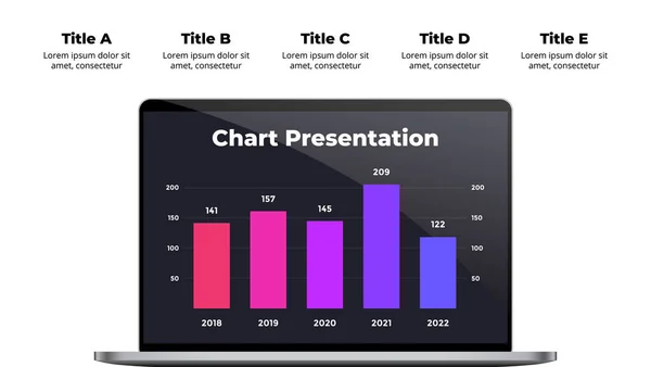 Macbook si fa beffe. Modello di diapositiva infografica per laptop. Business 5 passi grafico. Presentazione elettronica del dispositivo. Interfaccia utente e schermo del notebook esperienza. — Vettoriale Stock