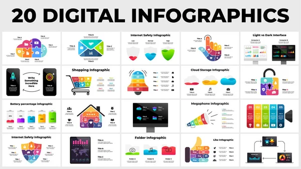 20 infografías digitales. Presentación de plantillas de diapositivas. Dispositivos electrónicos maquetas. Ilustración de tecnologías de Internet. Puzzle ilustración de servicio en la nube. Concepto web creativo. — Archivo Imágenes Vectoriales