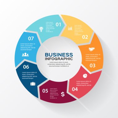 Infographic için çember ok vektör. Diyagramı, grafik, tanıtım ve grafik şablonu. 7 seçenekleri, parçalar, adımları veya işlemler ile iş kavramı. arka plan.
