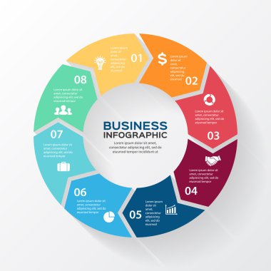 Infographic için çember ok vektör. Diyagramı, grafik, tanıtım ve grafik şablonu. 8 seçenekleri, parçalar, adımları veya işlemler ile iş kavramı. arka plan.