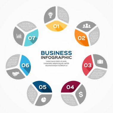 Daire Infographic vektör. Diyagramı, grafik, tanıtım ve grafik şablonu. 7 seçenekleri, parçalar, adımları veya işlemler ile iş kavramı. arka plan.