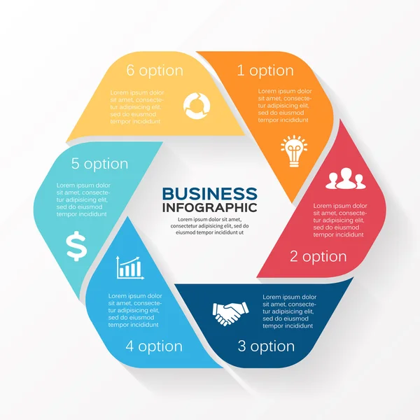 Vektoriympyrän infografia. Malli kaavio, kaavio, esitys ja kaavio. Liiketoimintakonsepti 6 vaihtoehtoja, osia, vaiheita tai prosesseja. Tiivistelmä. — vektorikuva