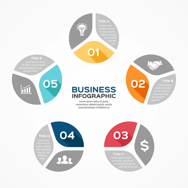 Infographie en cercle vectoriel. Modèle de diagramme, graphique, présentation et graphique. Concept d'entreprise avec 5 options, pièces, étapes ou processus. Contexte abstrait . — Image vectorielle