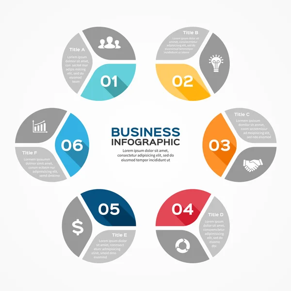 Infographie en cercle vectoriel. Modèle de diagramme, graphique, présentation et graphique. Concept d'entreprise avec 6 options, pièces, étapes ou processus. Contexte abstrait. — Image vectorielle