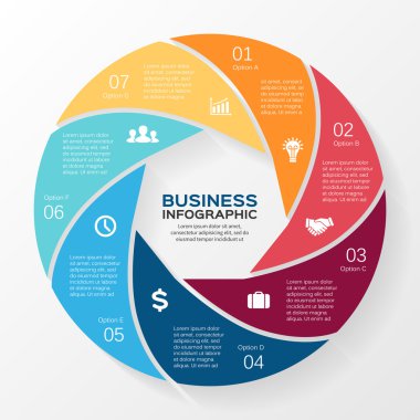 Daire Infographic vektör. Diyagramı, grafik, tanıtım ve grafik şablonu. 7 seçenekleri, parçalar, adımları veya işlemler ile iş kavramı. arka plan.