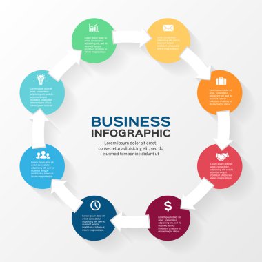 Daire okları Infographic vektör. Diyagramı, grafik, tanıtım ve grafik şablonu. 8 seçenekleri, parçalar, adımları veya işlemler ile iş kavramı. arka plan.