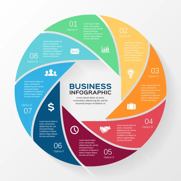 Vectorcirkel infographic. Model voor diagram, grafiek, presentatie en grafiek. Bedrijfsconcept met 8 opties, onderdelen, stappen of processen. Abstracte achtergrond. — Stockvector