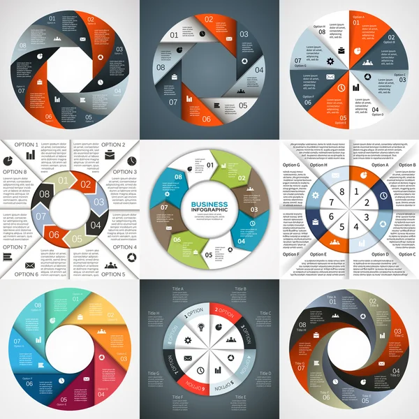 Vector círculo flechas infografías conjunto. Plantilla para diagrama, gráfico, presentación y gráfico. Concepto de negocio con 8 opciones, partes, pasos o procesos. Fondo abstracto . — Vector de stock