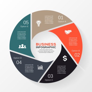 Daire Infographic vektör. Diyagramı, grafik, tanıtım ve grafik şablonu. iş kavramı 5 seçenekleri, parçalar, adımları veya işlemler. arka plan.