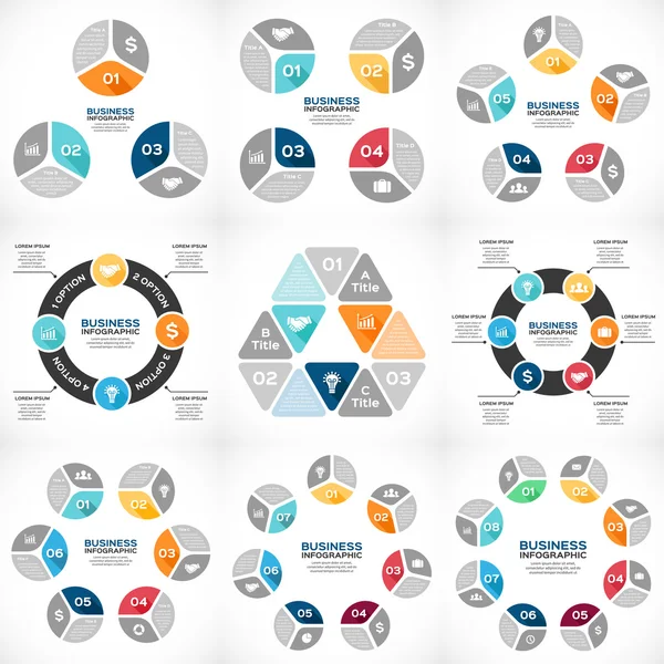 Infografica del cerchio vettoriale impostata. Modello per diagramma, grafico, presentazione e grafico. Concetto di business con 3, 4, 5, 6, 7, 8 opzioni, parti, fasi o processi. Sfondo astratto . — Vettoriale Stock