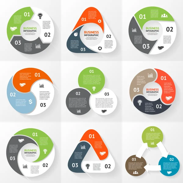 Ensemble d'infographie triangle à cercle vectoriel. Modèle de diagramme, graphique, présentation et graphique. Concept d'entreprise avec 3 options, pièces, étapes ou processus. Contexte abstrait . — Image vectorielle