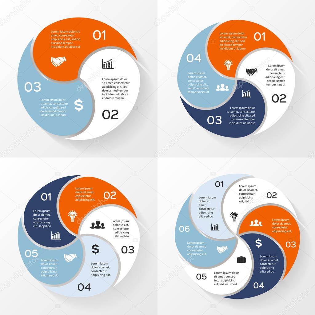 Vector circle infographics set. Template for diagram, graph, presentation and chart. Business concept with 3, 4, 5, 6 options, parts, steps or processes. Abstract background.