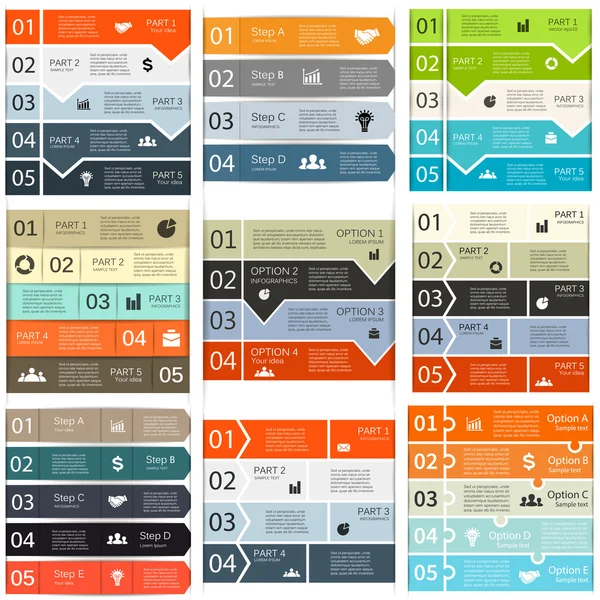 Vektorpfeile Linien Infografiken gesetzt. Vorlage für Diagramm, Grafik, Präsentation und Diagramm. Geschäftskonzept mit 4 und 5 Optionen, Teilen, Schritten oder Prozessen. Abstrakter Hintergrund. — Stockvektor