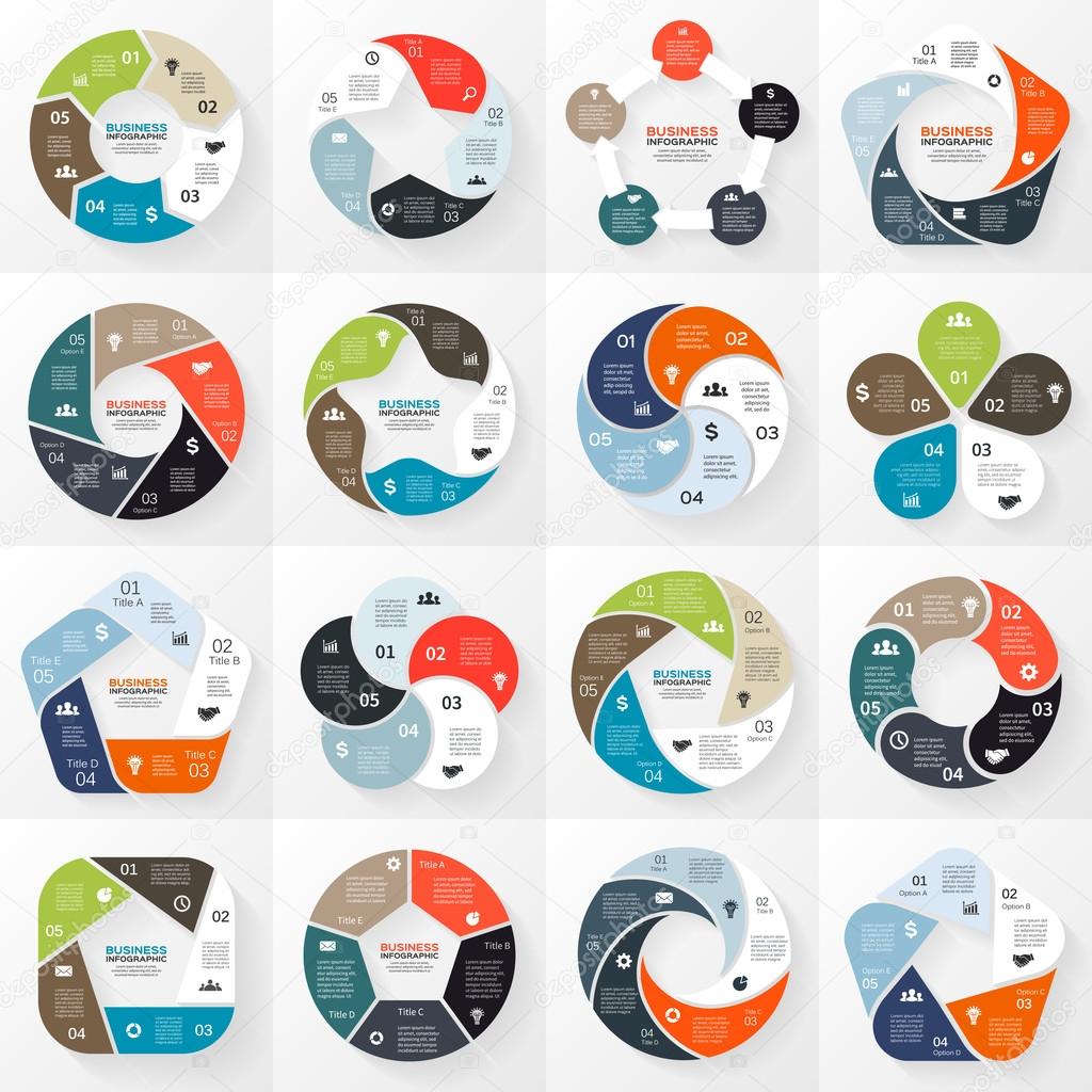 Vector circle arrows ribbons infographics set. Template for diagram, graph, presentation and chart. Business concept with 5 options, parts, steps or processes. Abstract background.