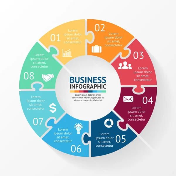 Vector cirkel puzzel infographic. Sjabloon voor diagram-, grafiek-, presentatie- en grafiek. Bedrijfsconcept met 8 opties, onderdelen, stappen of processen. Abstracte achtergrond. — Stockvector