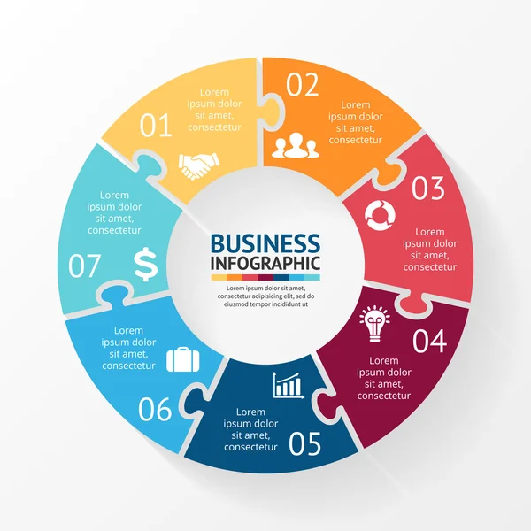 Vector cirkel puzzel infographic. Sjabloon voor diagram-, grafiek-, presentatie- en grafiek. Bedrijfsconcept met 7 opties, onderdelen, stappen of processen. Abstracte achtergrond. — Stockvector