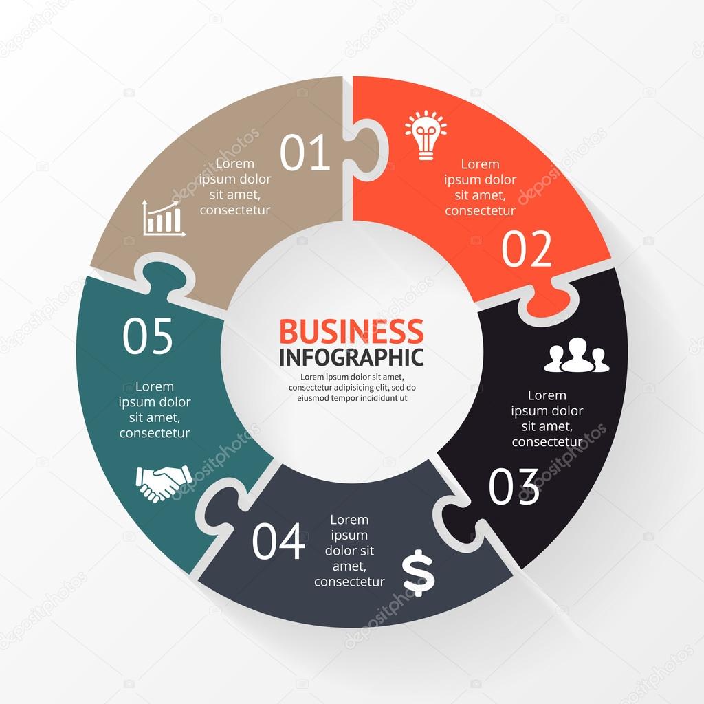 Vector circle puzzle infographic. Template for diagram, graph, presentation and chart. Business concept with 5 options, parts, steps or processes. Abstract background.