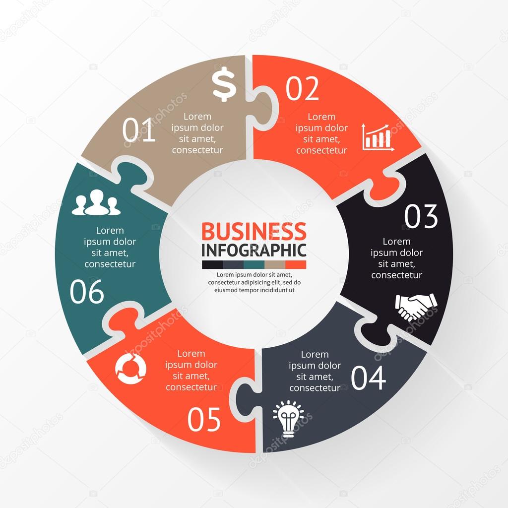 Vector circle puzzle infographic. Template for diagram, graph, presentation and chart. Business concept with 6 options, parts, steps or processes. Abstract background.