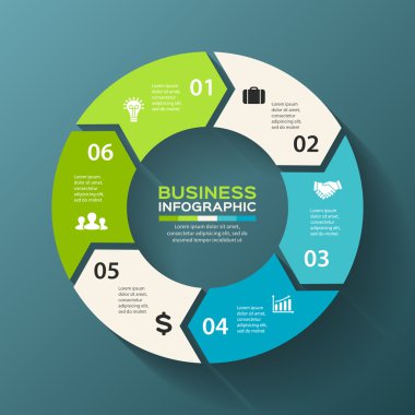 Daire okları Infographic vektör. Diyagramı, grafik, tanıtım ve grafik şablonu. 6 seçenekleri, parçalar, adımları veya işlemler ile iş kavramı. arka plan.