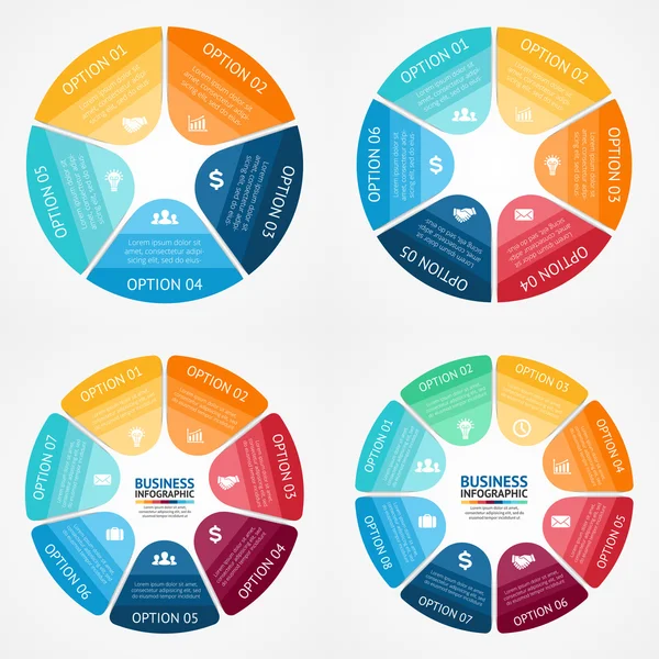 Conjunto de infografías vectoriales círculo de color. Plantilla para diagrama, gráfico, presentación y gráfico. Concepto de negocio con 5, 6, 7, 8 opciones, partes, pasos o procesos. Fondo abstracto . — Vector de stock