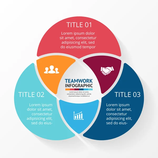 Infografía del trabajo en equipo social vectorial. Plantilla para diagrama de círculo, gráfico, presentación y gráfico. Concepto de negocio con 3 opciones, partes, pasos o procesos. Fondo abstracto . — Vector de stock