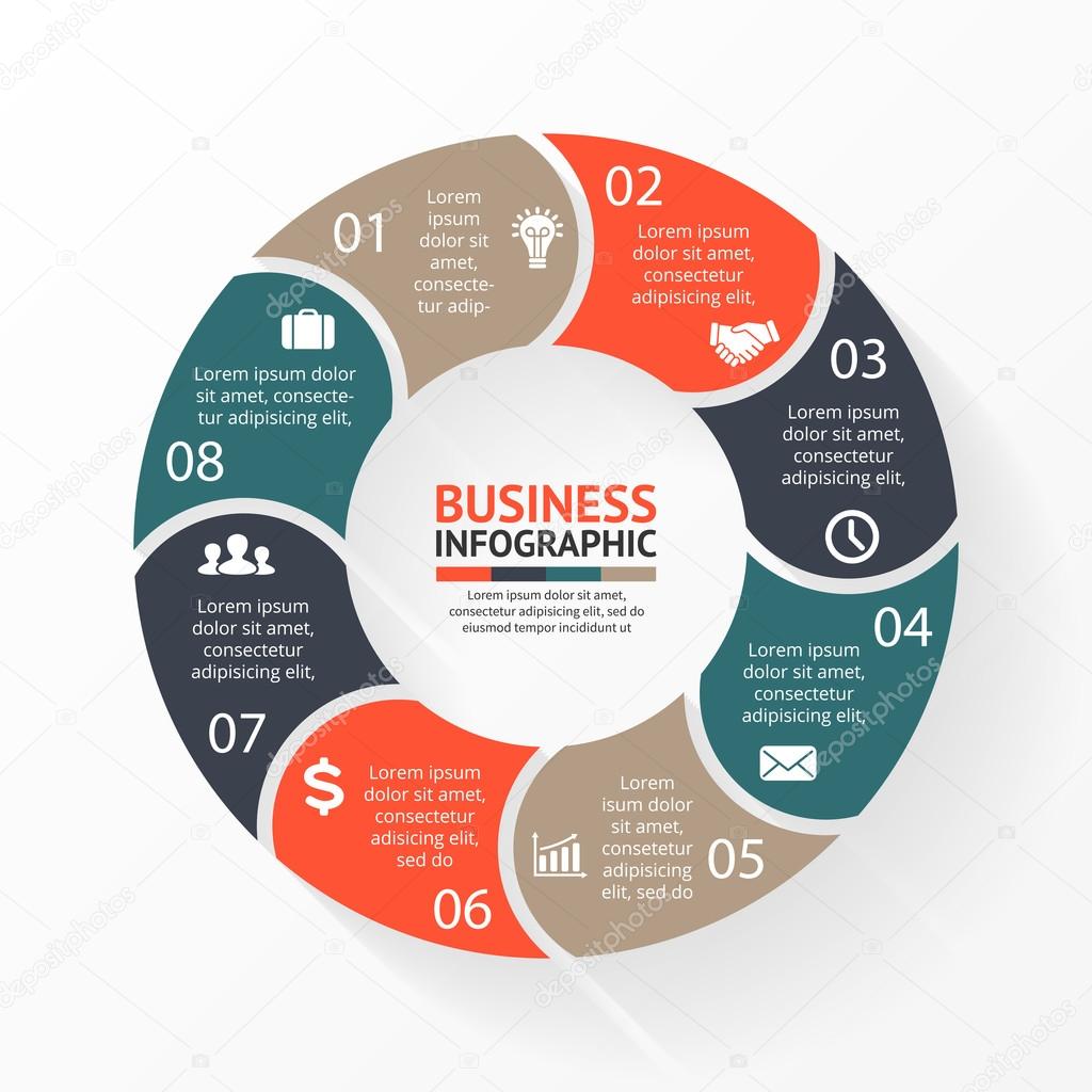 Vector circle arrows infographic. Template for diagram, graph, presentation and chart. Business concept with 8 options, parts, steps or processes. Abstract background.