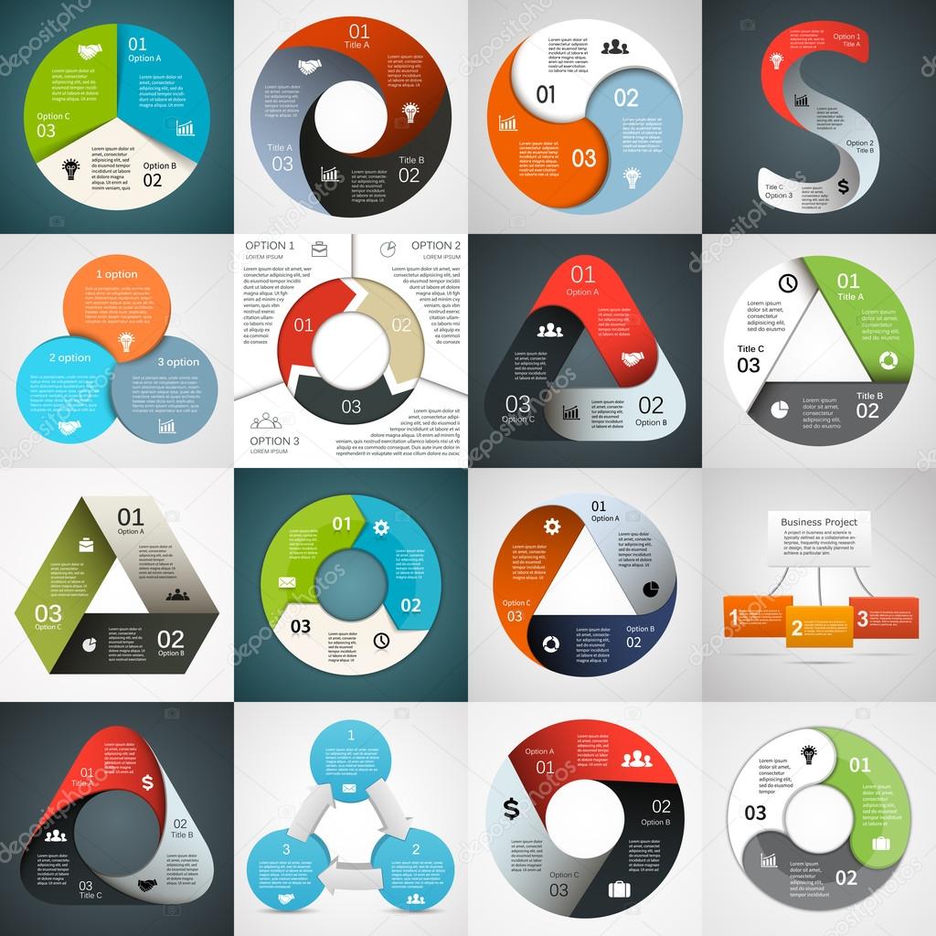 Vector circle triangle infographics set. Template for diagram, graph, presentation and chart. Business concept with 3 cyclic options, parts, steps or processes. Abstract background.