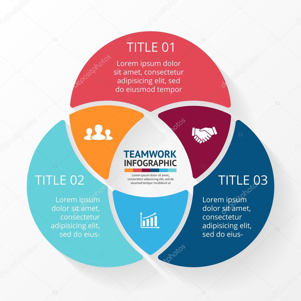 Vector social teamwork infographic. Template for circle diagram, graph, presentation and chart. Business concept with 3 options, parts, steps or processes. Abstract background.