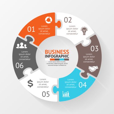 Vektör daire bulmaca Infographic. Diyagramı, grafik, sunum ve grafik şablonu. 6 seçenekleri, parçalar, adımları veya işlemler ile iş kavramı. Arka plan.