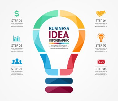 Vektör fikir Infographic ampul ile. Yaratıcı diyagramı, grafik, sunum ve grafik şablonu. 6 seçenekleri, parçalar, adımları veya beyin fırtınası ve yaratıcılık süreçleri ile iş kavramı.