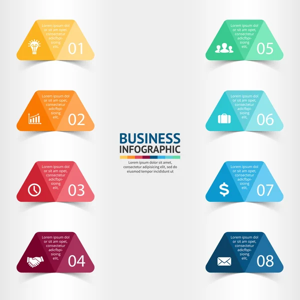 Vektor kertas segitiga stiker dan label dengan bayangan realistis untuk infografis. Templat untuk diagram, grafik, presentasi dan grafik. Konsep bisnis dengan 8 opsi, bagian, langkah atau proses . - Stok Vektor