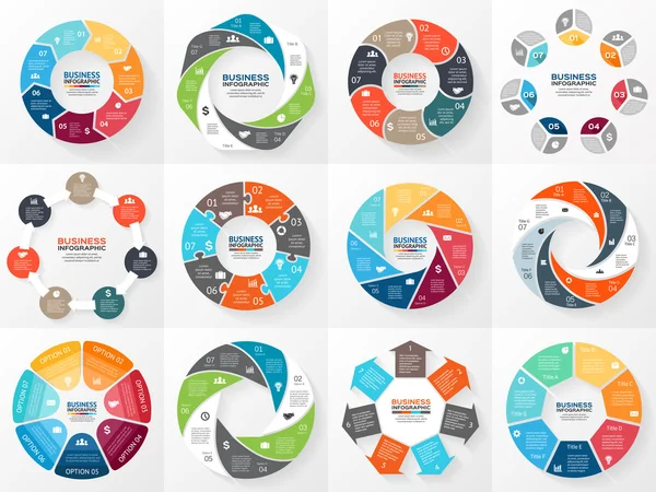 Conjunto de infográficos setas do círculo vetorial. Modelo para diagrama, gráfico, apresentação e gráfico. Conceito de negócio com 7 opções, peças, passos ou processos. Contexto abstrato . — Vetor de Stock