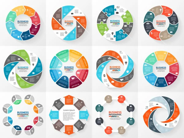 Frecce circolari vettoriali set infografici. Modello per diagramma, grafico, presentazione e grafico. Concetto aziendale con 8 opzioni, parti, fasi o processi. Sfondo astratto . — Vettoriale Stock